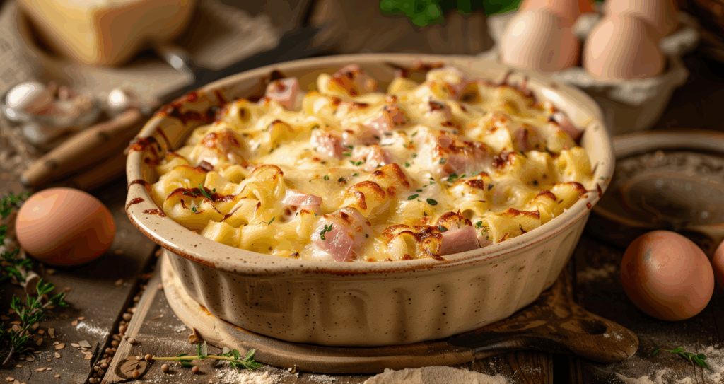 One-Pot Spätzle-Schinken-Zwiebel-Auflauf